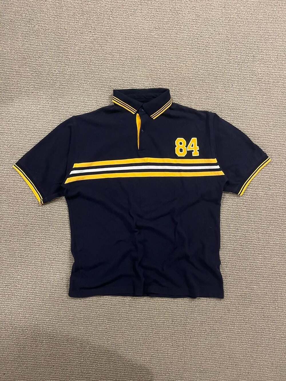 Faded Glory Authentic Men's Navy Blue Striped Polo Shirt Number 84 Size M